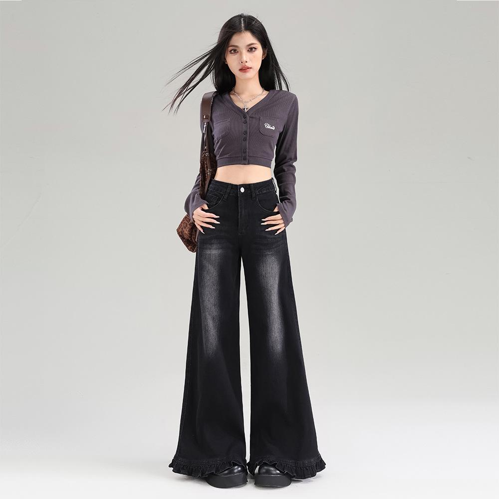 Super fire French fungus lace wide-leg jeans women's autumn new elastic loose flare pants