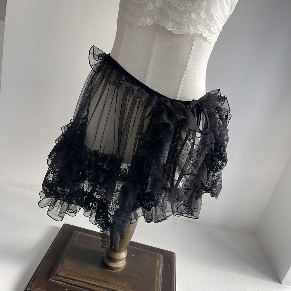 White Black Lolita Short Shawl Lace Mesh Lolita Skirt Versatile French Style Smock  Women