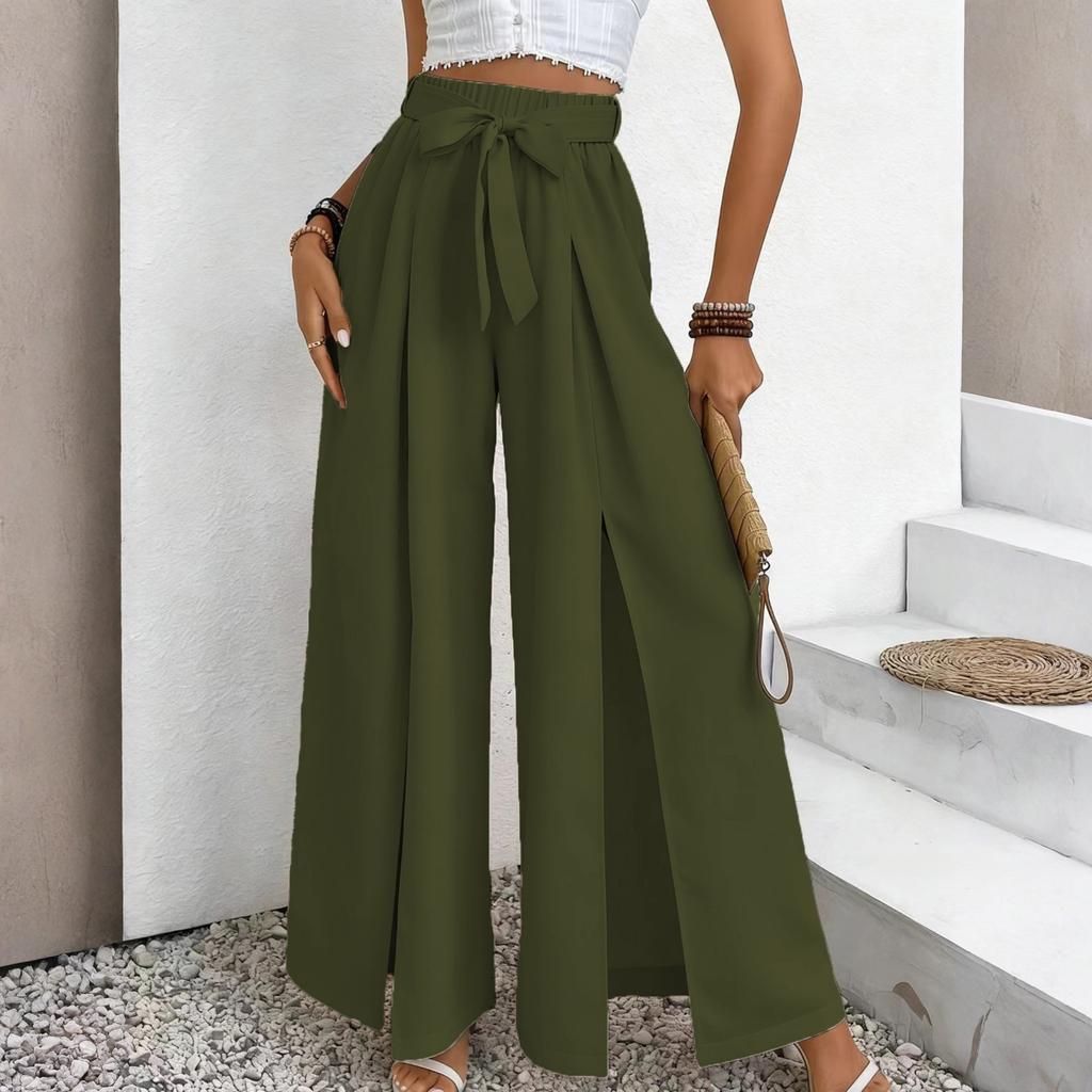 Women's -Color Casual High-Waisted Wide-Leg Trousers With Drawstring