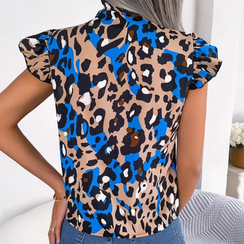 Summer Sleeveless Shirt Casual Fashion Leopard Print Blouse Sweet Lace-up Bow Collar Chiffon Tops Women Loose Clothes 28622