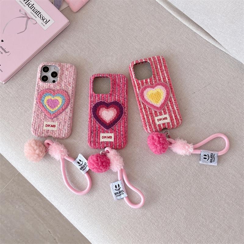 Cute Fluffy Plush iPhone Case with Colorful Heart Decor & Elastic Wrist Strap Sweet Phone Cover for iPhone 17/15/14/13 Pro Max
