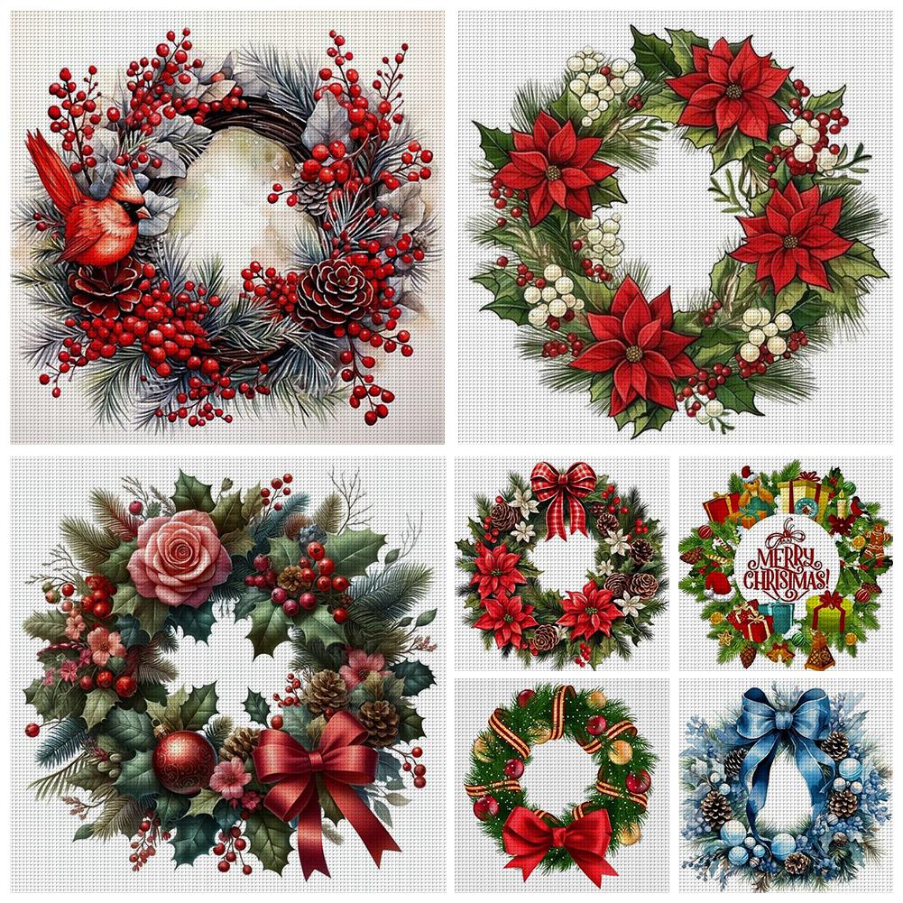 Full Embroidery Eco-cotton Thread 11CT Counted Xmas Wreath Cross Stitch Kit Art