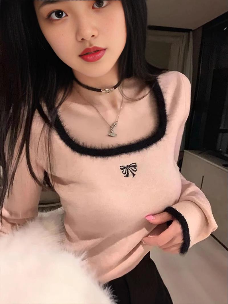 

Женская рубашка с мягким квадратным воротником и застежкой на ключицу — новинка сезона осень/зима, облегающий крой, милый стиль с контрастными цветами XL for 120-135 Jin