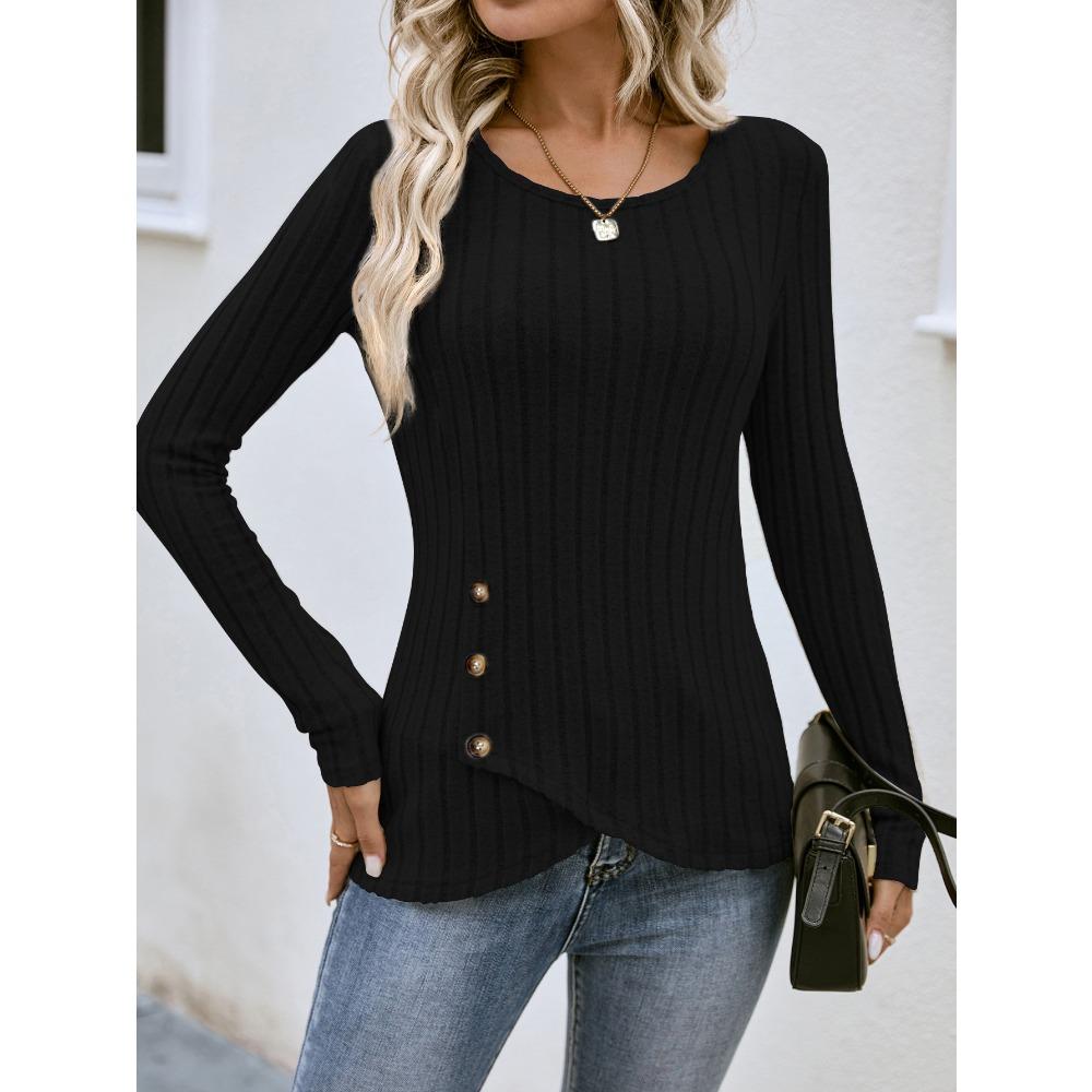 Women's Long-sleeved V-neck Top for Women's Buttons Asymmetric Knitted Base Shirt T-shirt for Women