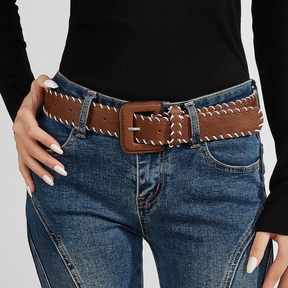 Harajuku Vintage Wide Belt Retro Western Cowboy Belt Casual PU Leather Waistband  Lady