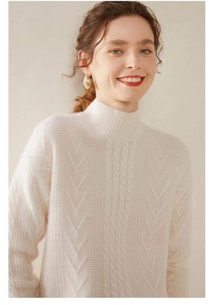 Women's Cashmere Cable Knit Sweater - Half-High Collar, Thick, Loose Fit, Solid Color, Perfect for Autumn/Winter