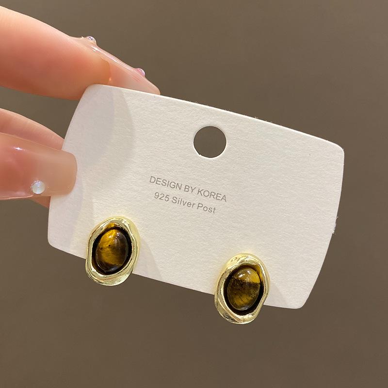 Геометрические серьги-гвоздики с камнем тигровый глаз в стиле Майяра, женские ретро маленькие серьги, высококачественные популярные серьги