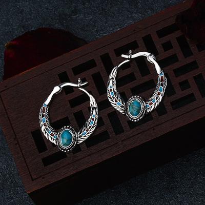 Vintage Damen Faux Türkis Eingelegte Feder Hänge Creolen Schmuck Geschenk