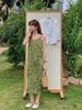 2025 Summer V-Neck Bamboo Swing Camisole Dress - Women's Slimming Spaghetti Strap Faux Silk Satin Long Dress