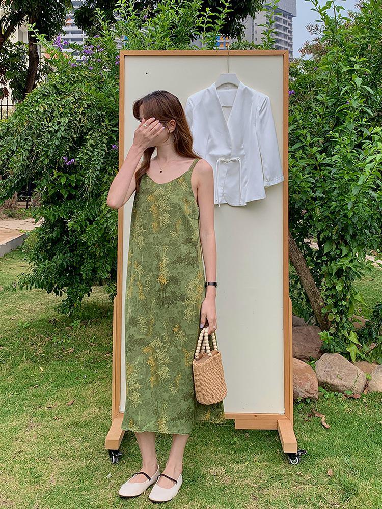 2025 Summer V-Neck Bamboo Swing Camisole Dress - Women's Slimming Spaghetti Strap Faux Silk Satin Long Dress