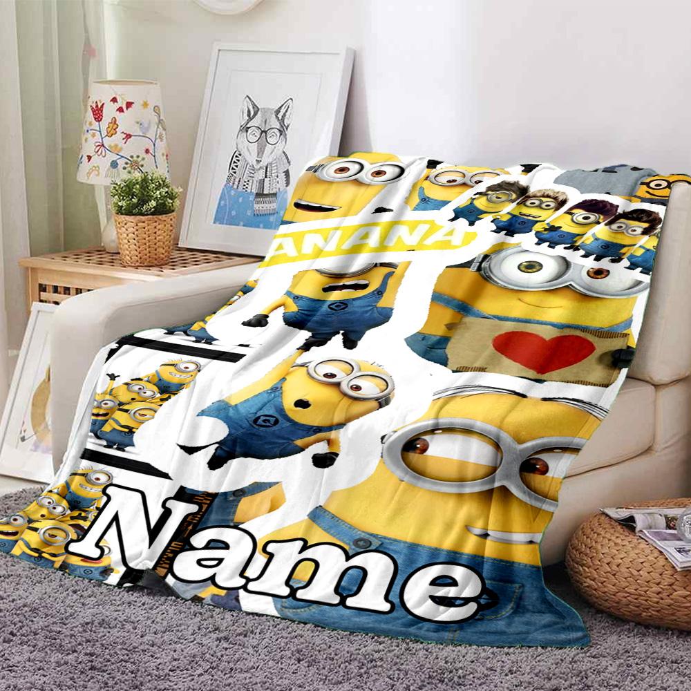 Custom Name Despicable Comic Adventure Flannel Blanket for Super Soft Cute Comfort Blanket for Travel Bedding Couch Sofa Blanket