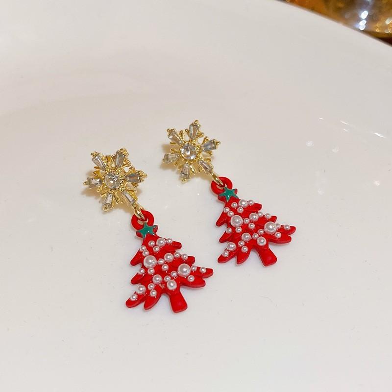 Christmas Diamond Imitation Pearl Snowflake Christmas Tree Silver Needle Earrings Premium Earrings
