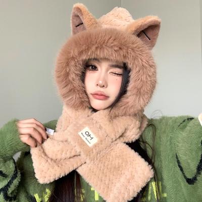 Cappello Sciarpa Cappello Integrato Donna Inverno Carino Peluche Peloso Più Sciarpa Set Due Pezzi