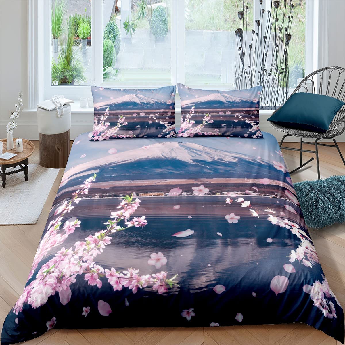 

Mount Fuji Duvet Cover Twin Size Kids Cherry Blossoms Comforter Cover Set for Boys Girls Teens Natural Scenery Art Bedding Set EU Single(135x200cm)