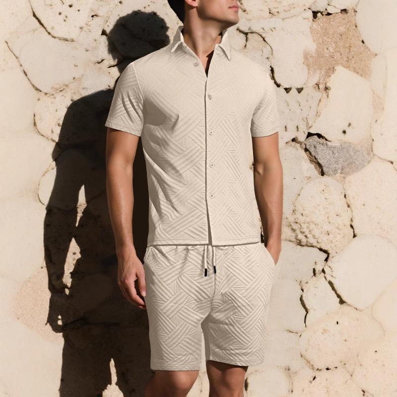 Summer hot sale new men's solid color jacquard shirt casual short-sleeved shorts two-piece set