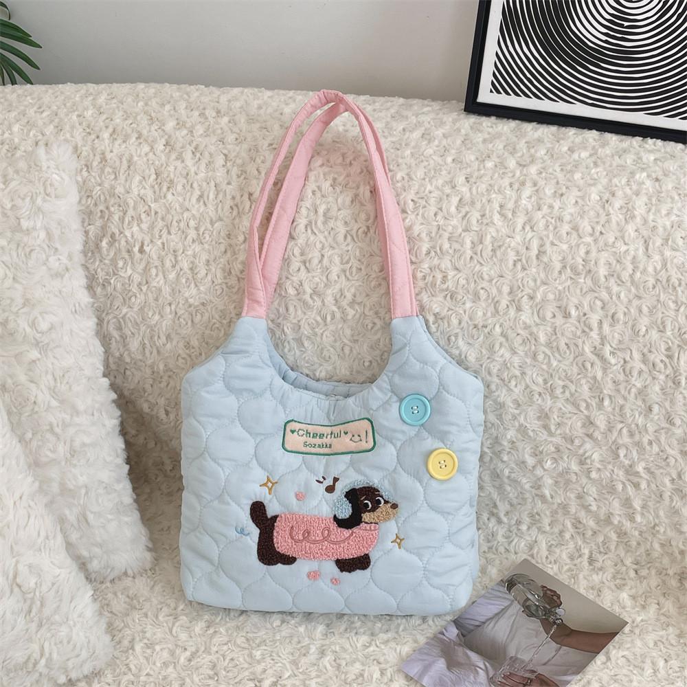 Trendy Street Style Student Tote Bag With Cute Embroidered Dog In Beautiful Hues