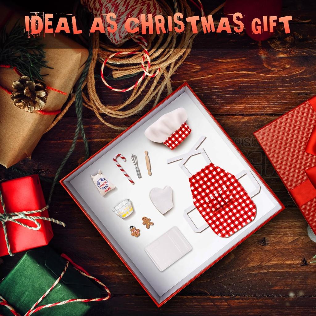 Mini Apron Clothing for Doll Christmas Elf Doll Baker Set Elf Chef Clothing Dress up Accessories Including Chef Hat,Rolling Pin,Egg Beater,Baking