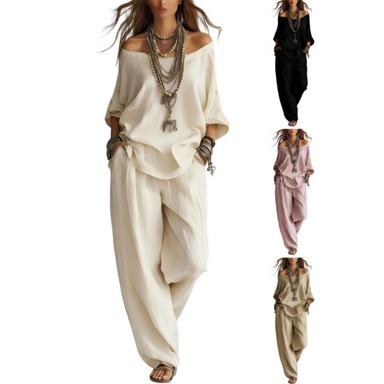 Yousheng Two Piece Matching Lounge Sets for Women Casual Off Shoulder Long Sleeve Top And Wide-Leg Pants Summer Boho Outfits