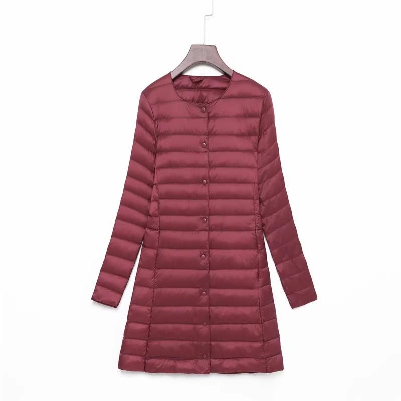 New down jacket women's light, medium and long fashion and thin white duck down button-down round neck warm jacket