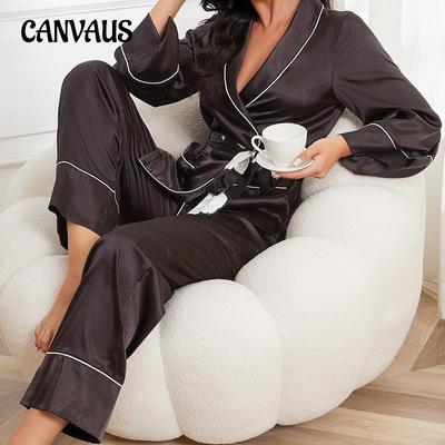 Spring Summer and Autumn Pajamas Women's Thin Ice Silk Tie Long-sleeved Ladies Homewear Sleeping Suits
