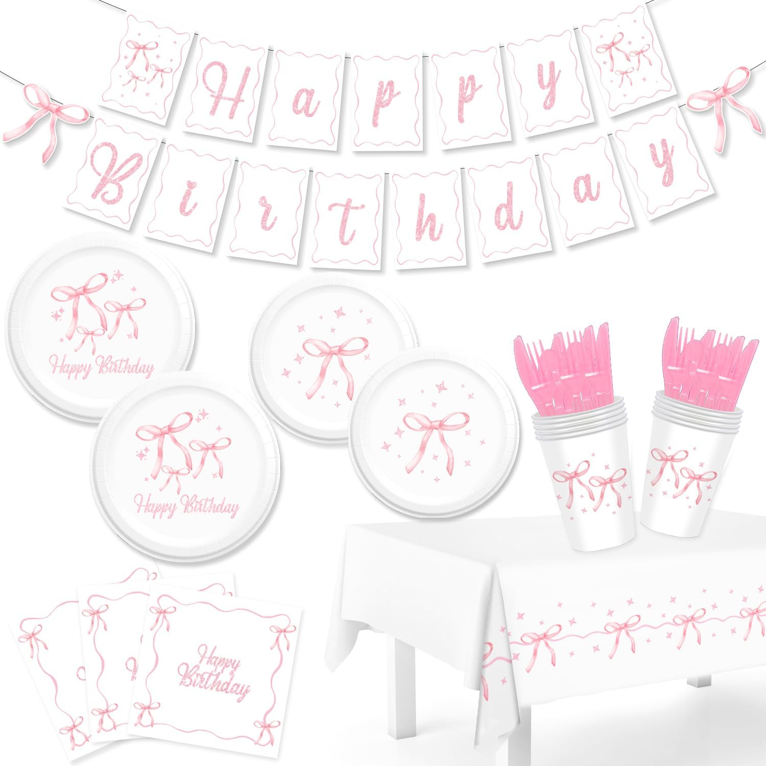 Pink Bow Party Decorations, 170 Pcs Coquette Birthday Decorations Includes Pink Bow Plates Banner Napkins Table Cloth, Pink Bow Theme Tableware
