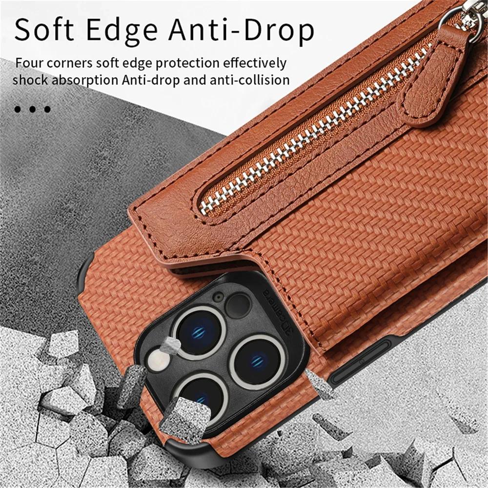 Zipper Wallet Credit Card Holder Phone Case for IPhone 13 12 Mini 14 11 Pro XS Max XR X 7 8 6 6s Plus SE 2 3 Stand Leather Cover