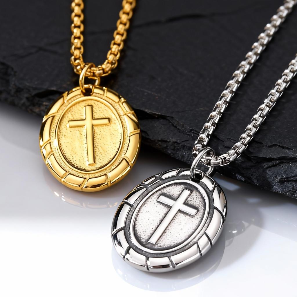 Goldfarbene Kreuzhalsketten für Herren, Edelstahl Ovales Kreuz Anhänger Halskette, Neuer Punk Religiöser Glaube Halsband Geschenke