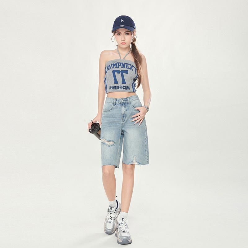 

Винтажные потертые джинсовые женские шорты с высокой талией, свободные, удобные, потертые, с низом, пятиточечные брюки, лето 2XL светло-синий