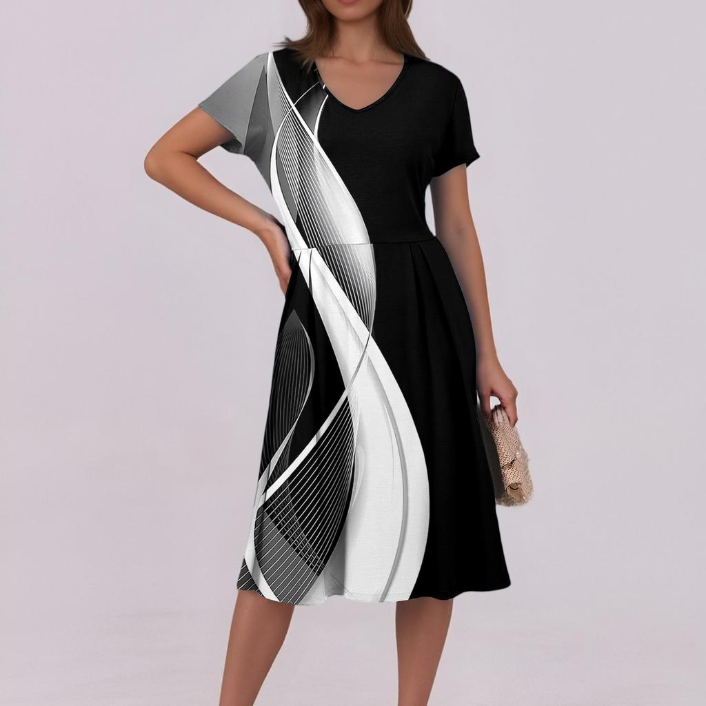 Women's Summer Casual Print V-Neck Short Sleeve Dress With Pockets