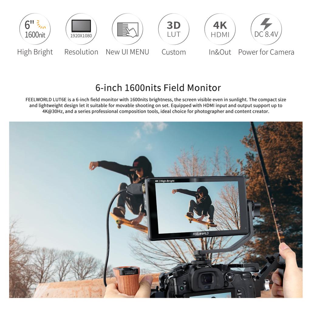 FEELWORLD LUT6E 6-Inch IPS Monitor 1600nit Video Panel 4K HDMI Input Output 1920*1080px Touch