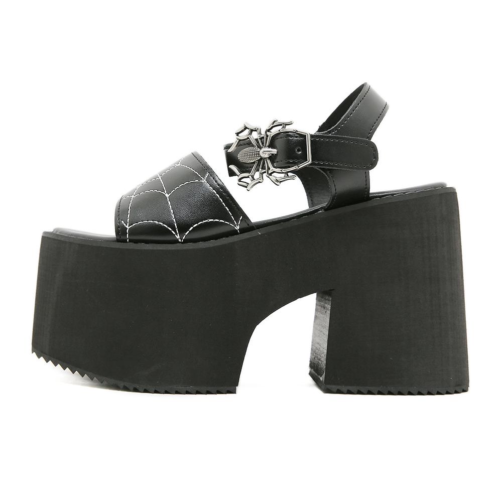 Gdgydh Thick Heel Sandals Punk Style Girls Spider Web Embroidery Cosplay Shoes Spider Buckle Women Summer Shoes Platform Heels