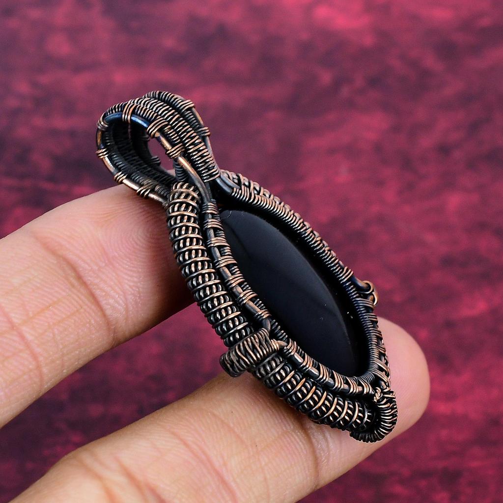 Black Onyx Pendant Genuine Gemstone Jewelry Copper Wire Wrapped Handmade Pendant