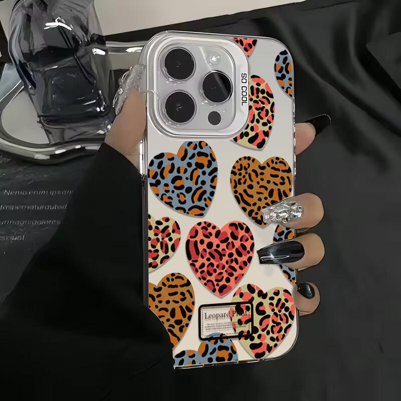 Love Heart Leopard Print Electroplate Silver Phone Case For iPhone 16 Pro Max 15 14 13 12 11 7 8 Plus X XS XR Shockproof Cover