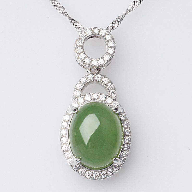 Vintage 925 Silver Hetian Jasper Cabochon Pendant Necklace with Certified Natural Green Jade
