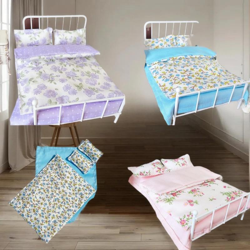 1/12 Dollhouse Miniature Bed Four Piece Bed Set Cover Bedding Set Doll Bedroom Decoration Toy