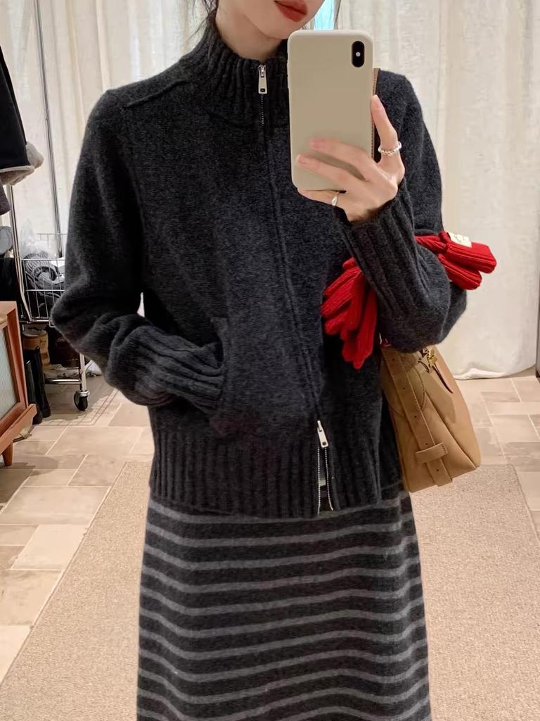 Women's Korean Stand Collar Zipper Knit Cardigan - Autumn/Winter Solid Color Sweater Coat