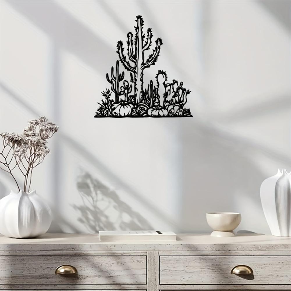 Black Metal Cactus Wall Sculpture Desert Iron Art Outdoor Decor Durable Southwest Landscape Patio Hanging Modern Halloween Christmas Gift