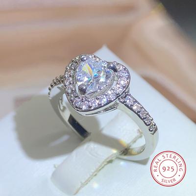 Romantic Love White Zirconia Ring  Stamped Heart Bling Bling Zirconia Wedding Proposal Valentine's Day Ring