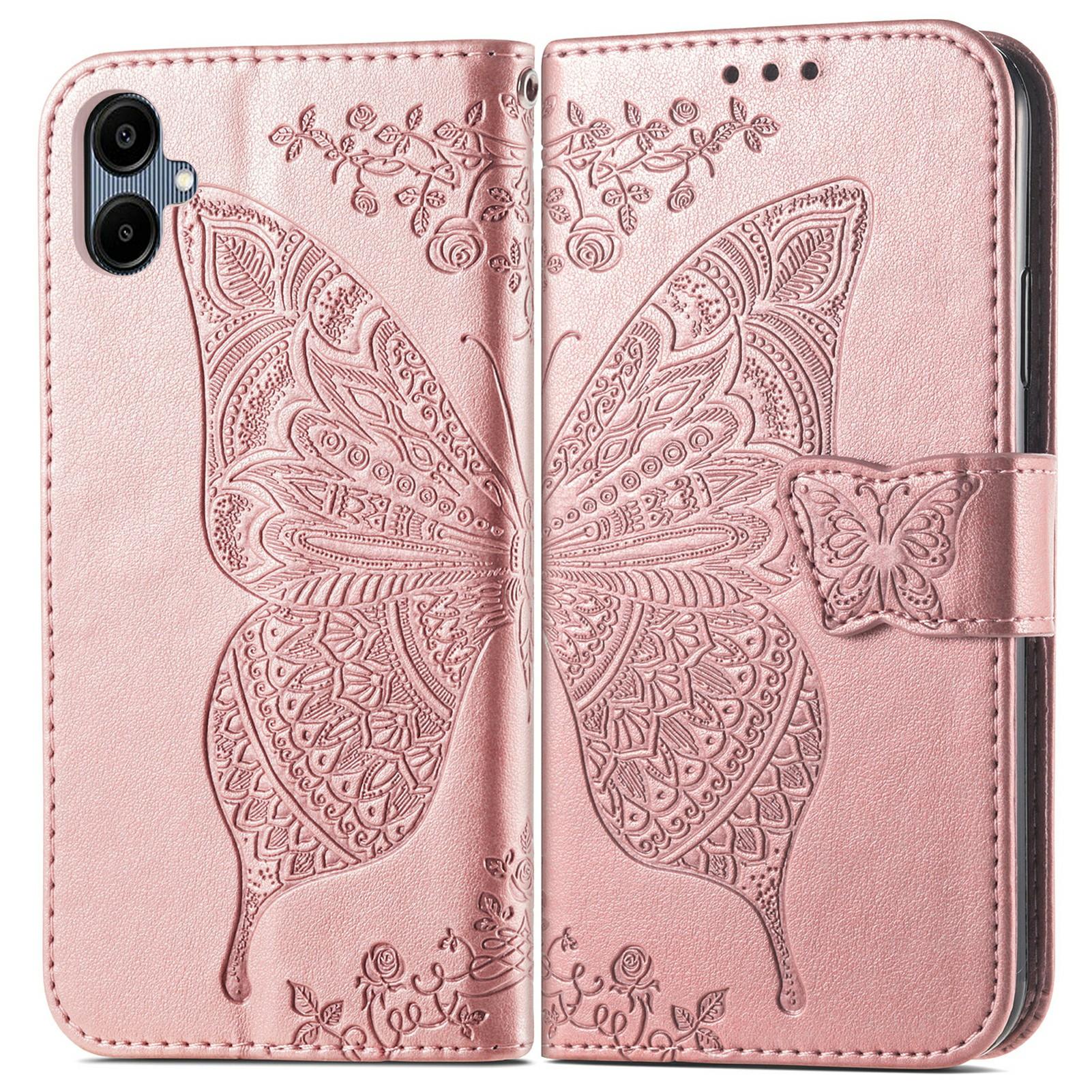

For Samsung Galaxy A06 4G Case PU Leather Wallet Phone Cover Butterfly Pattern Rose Gold
