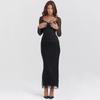 Fashion Ins Sexy V-neck Low-Cut Mesh Long Sleeves Silm Hip Split Dress Sexy See-through Waist-Slimming Long Dress