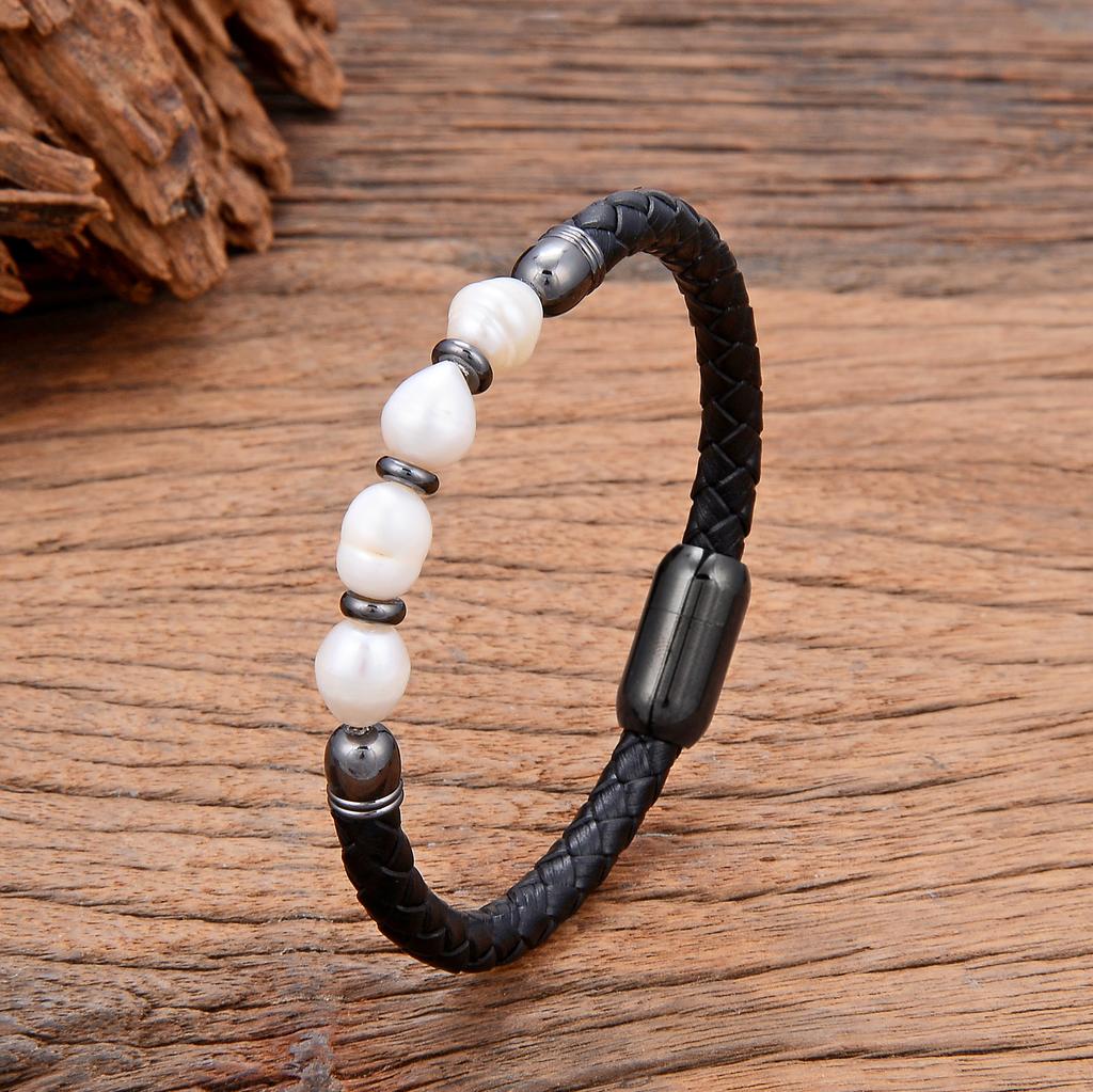 Genuine natural freshwater pearl bracelet, women's charm leather bracelet, baroque wedding jewelry