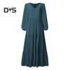 Women Spring Fall Dress Round Neck A-line V Neck Pleated Long Sleeves Solid Color Big Swing Dating Shopping Vacation Maxi Dress