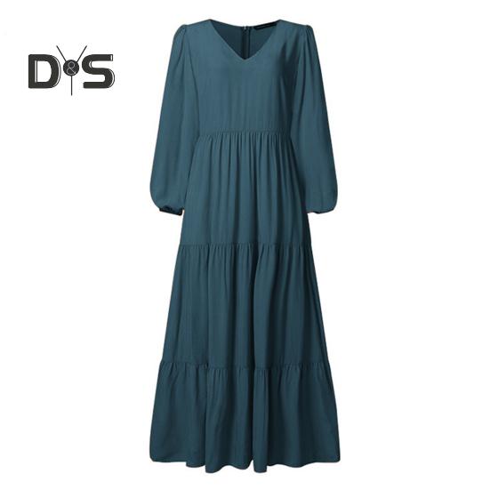 Women Spring Fall Dress Round Neck A-line V Neck Pleated Long Sleeves Solid Color Big Swing Dating Shopping Vacation Maxi Dress