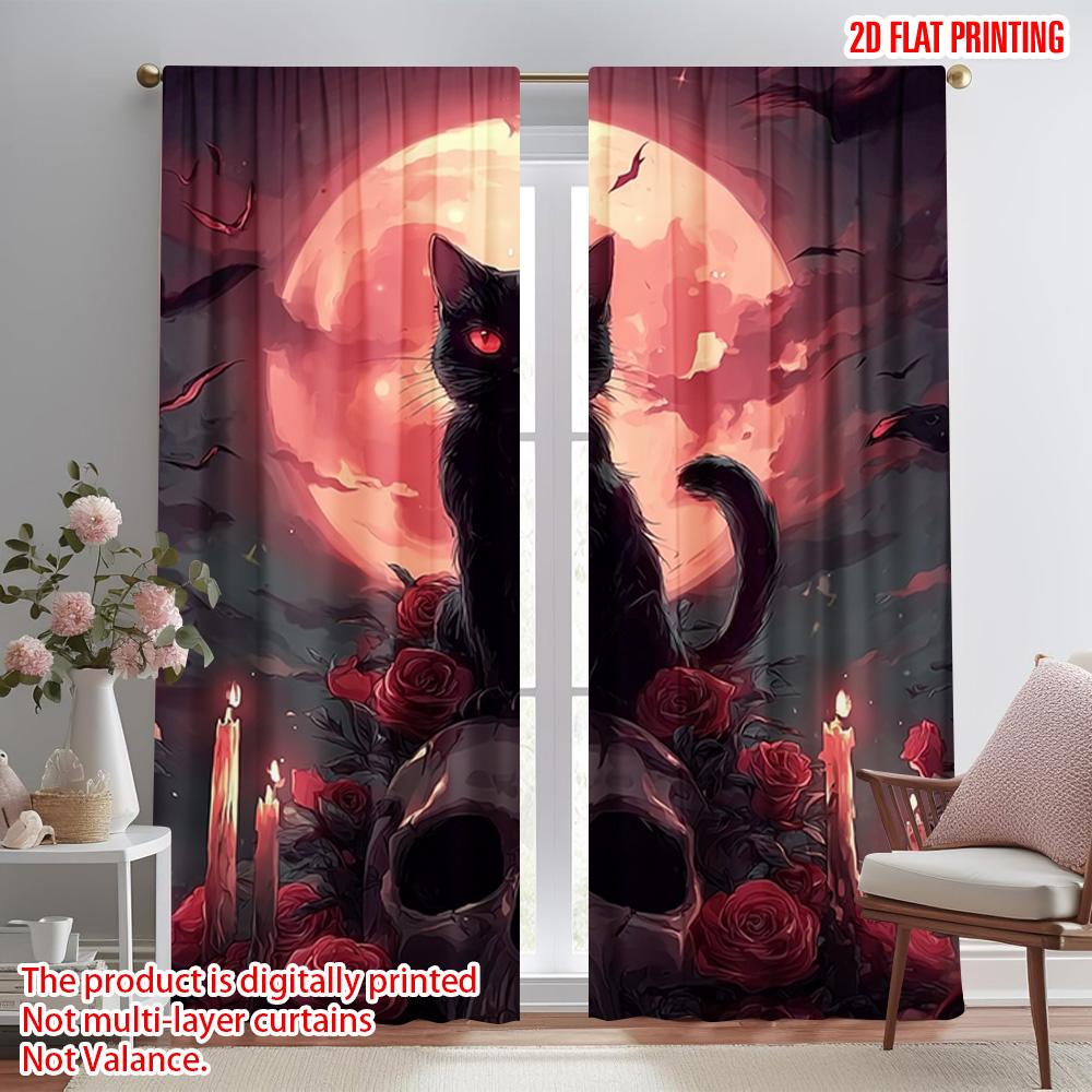 2pcs   plane printing Curtain Fabric Halloween Skeleton and Black Cat Versatile Polyester Fabric (without rod) Room Decor Ldeal