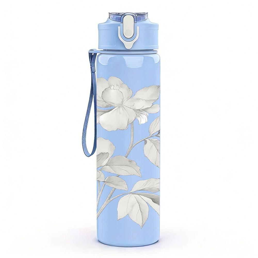 1PC Delicate White Rose Leaf Line Sketch Print 750ml Color Plastic Sports Water Bottle Leakproof Flip Straw Lid Suitable for Sports Office Home Use