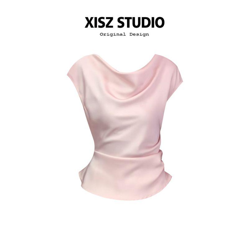 

Gentle Temperament Pink Swing Collar Satin Short sleeve Top Women clothes Summer High Sense Pleat Waist Hugging Slimming Short t-shirt Tao Yao Pink Top [High Quality] S