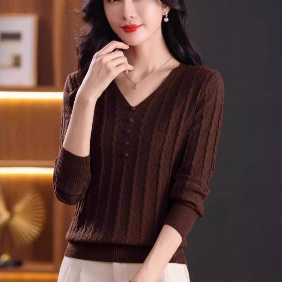 V-neck Sweater Women's Top Solid-color Knitted Sweater Loose and Casual Pullover Long-sleeved Warm Sweater