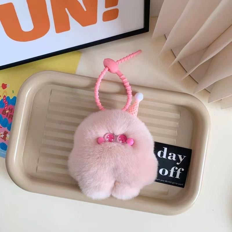 Cute Plush Car Keychain Furry Bag Charm with Ice Cream Design