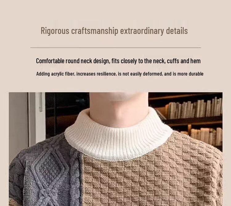 Men's Plus Size Color Block Sweater - Loose Fit, Korean Style, Round Neck Pullover for Autumn and Winter