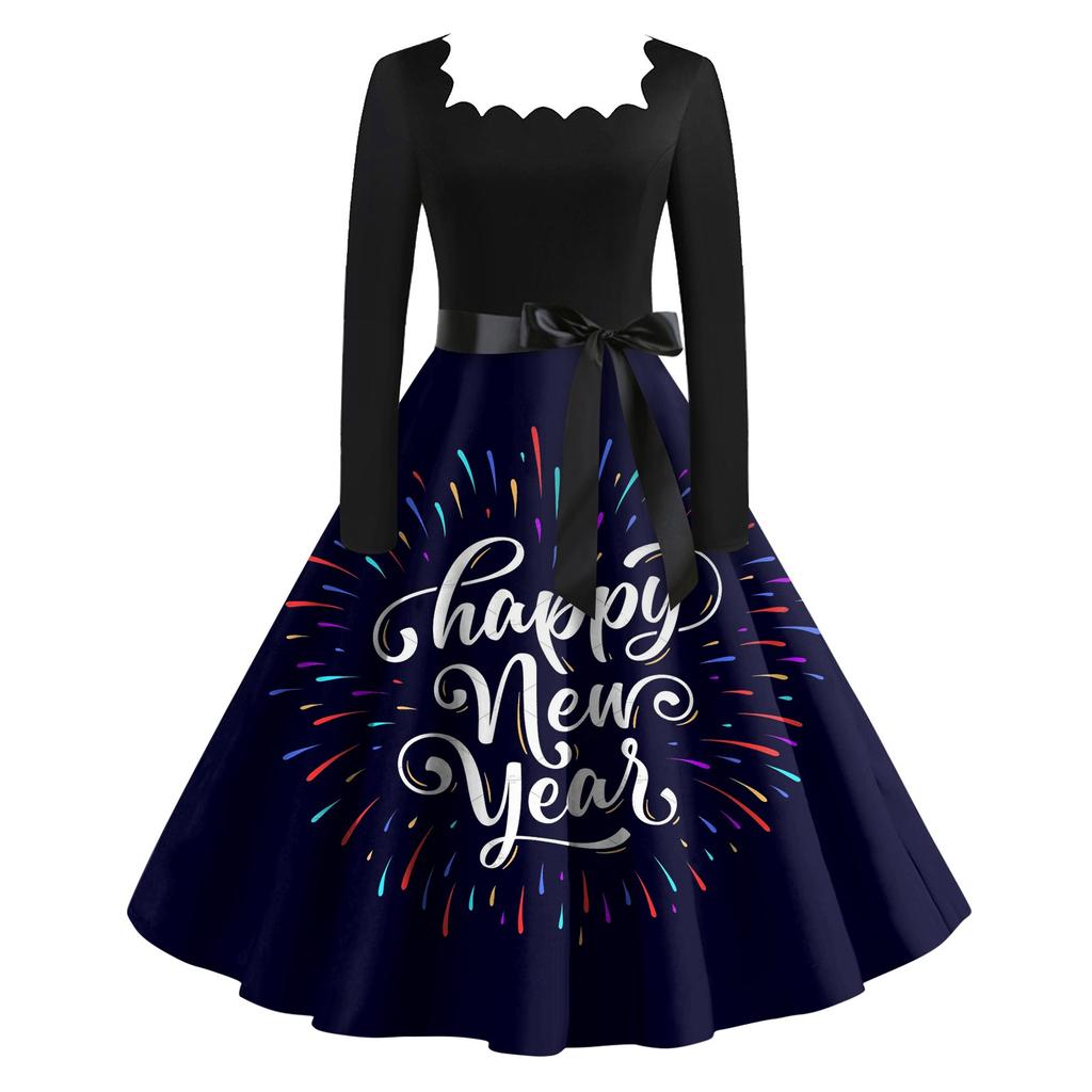 Women's Vintage Classic Dress Long Sleeve 2024 New Year Printed Square Neck Swing Dress